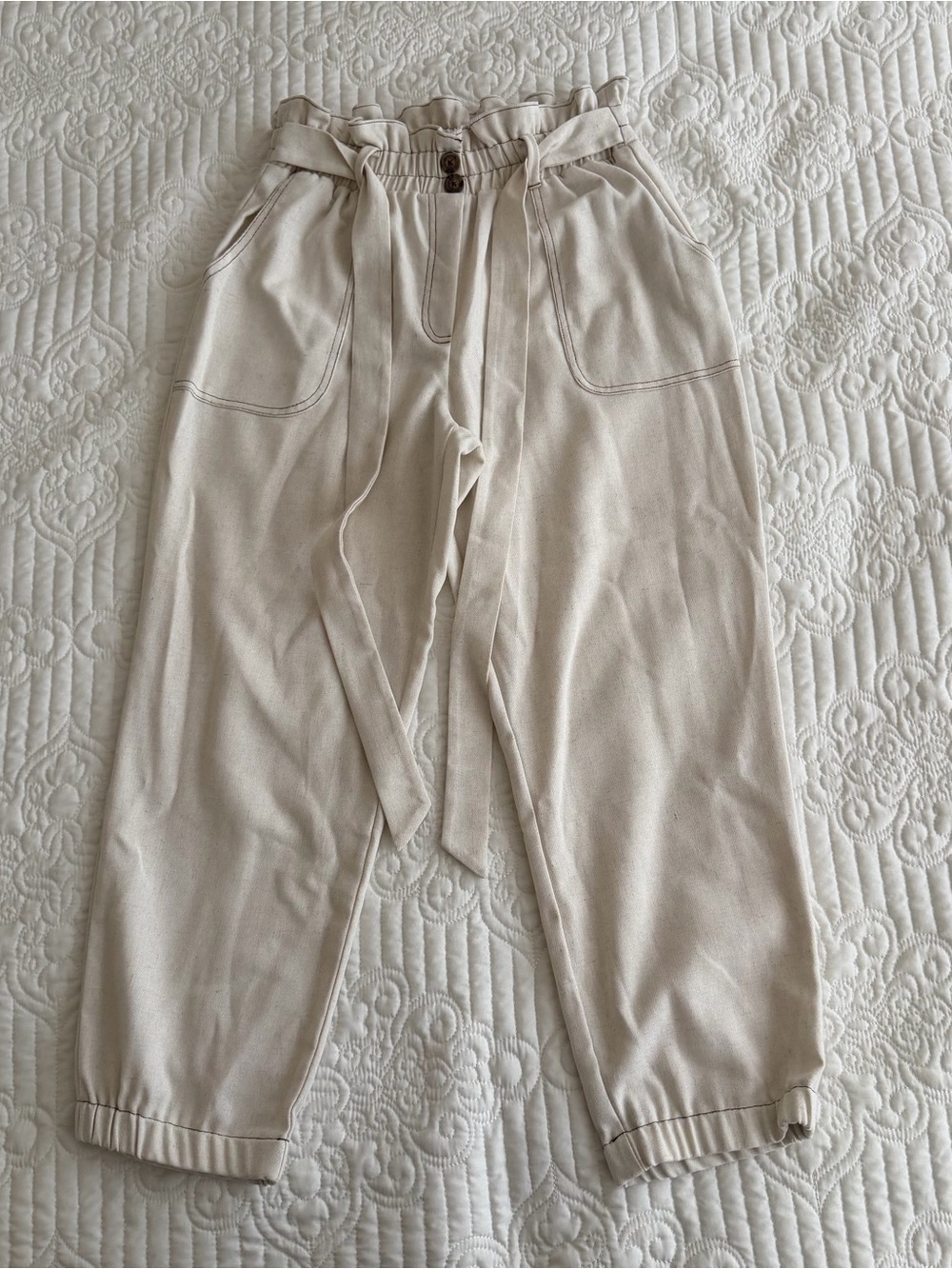 Sienna Sky High Rise Paperbag Waist Joggers Linen Blend Cream Tan